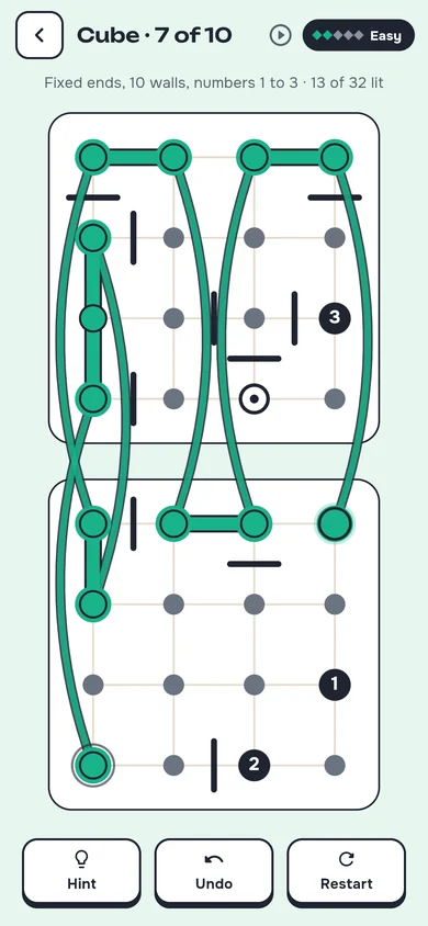A cube board with a green line hopping between two layers